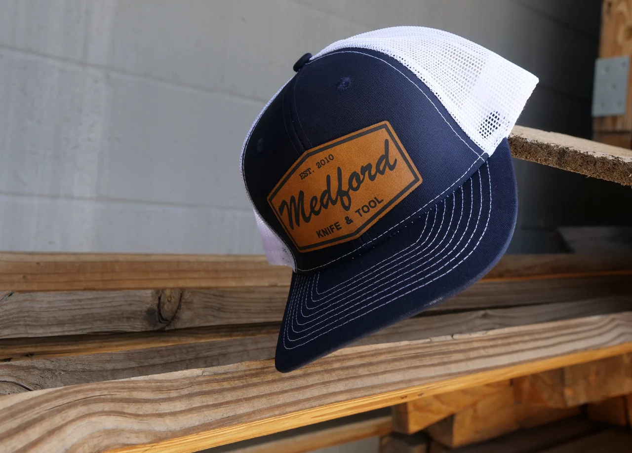 Medford Knife & Tool Leather Patch Snapback Hat – Navy Blue — Side