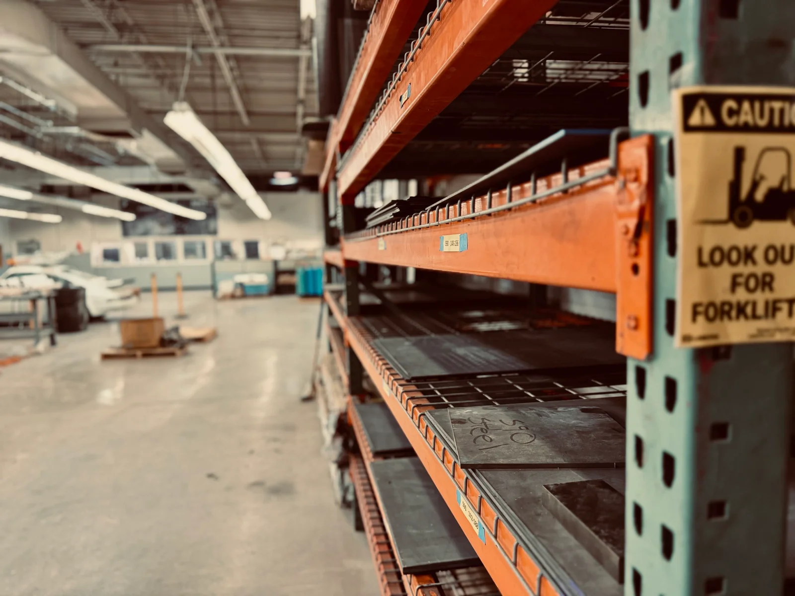 Steel storage rack on the Medford Knife and Tool factory floor Phoenix Arizona