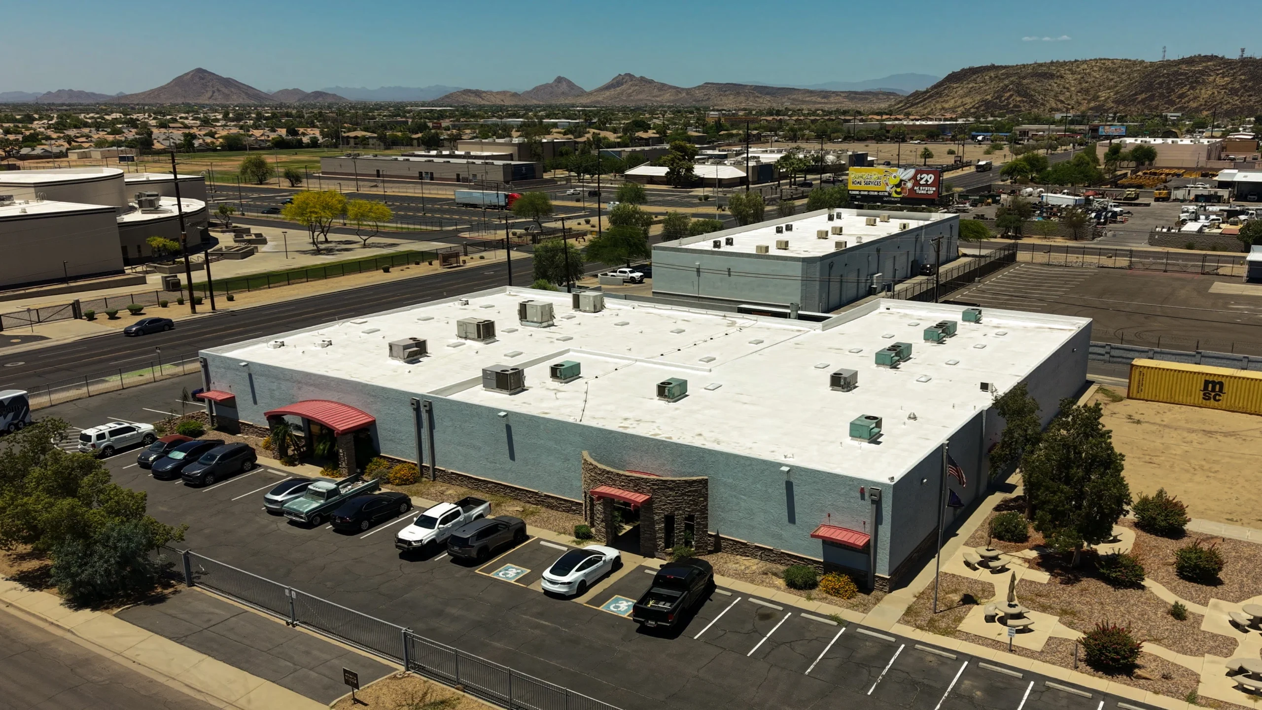 Aerial view of Medford Knife and Tool factory with Phoenix mountains, Arizona