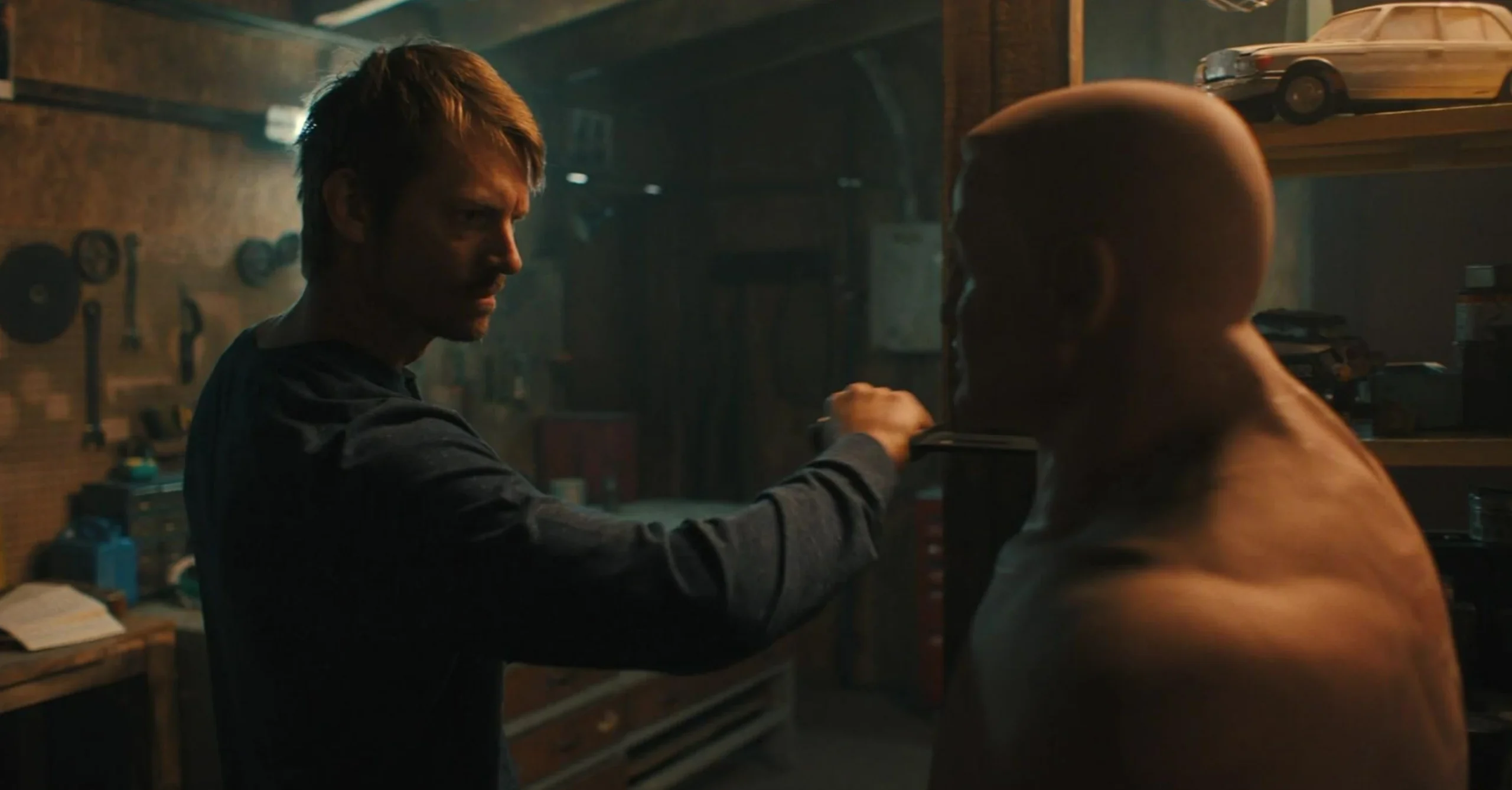 Joel Kinnaman with the Medford USMC Fighter — interrogation scene, Silent Night (2023)