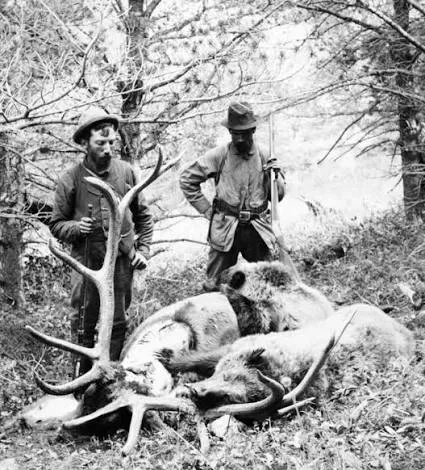 Hunters with a trophy elk, early 1900s